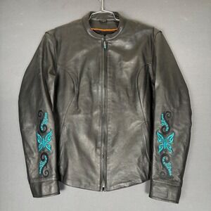 Y2K Grunge Women's Butterfly Embroidered Black Leather Jacket Size Small